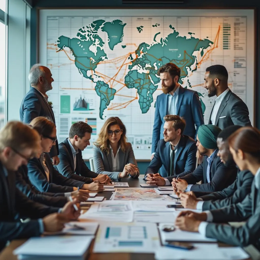 Equipo de logística en reunión estratégica