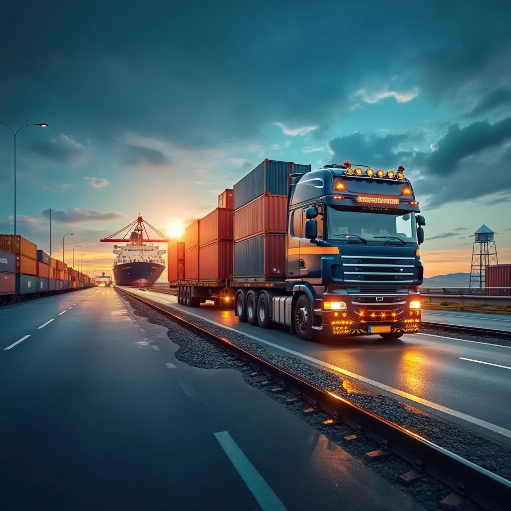 Transporte multimodal con barcos, camiones y trenes
